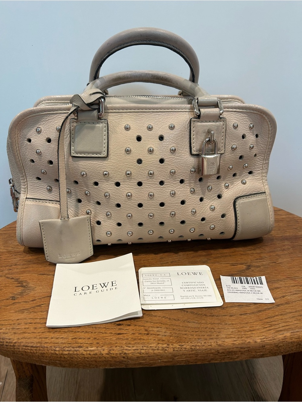 Loewe Beige Studded Leather Top-Handle Amazona 28 Bag
